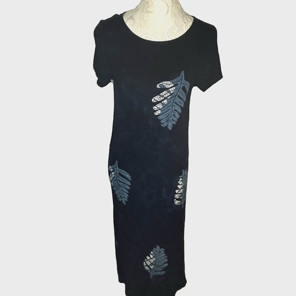Hilo Hattie Hawaiian sz S Dress Dark Blue Tiki Leaf Print SS Long Maxi Bodycon